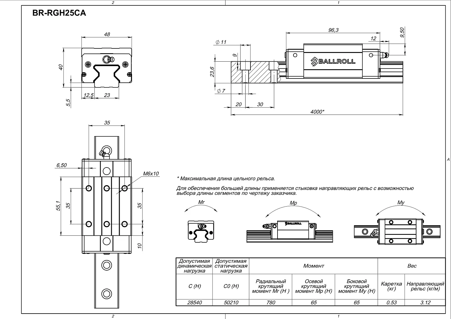 Бесфланцевая роликовая каретка BALLROLL RGH25CA